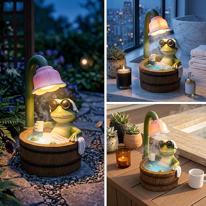 MXwcy Solar Garden Lights Frog Statue, 6.3" Resin Bath Frog Figurine Cute Frog Stuff Solar Garden Decor Accessory for Patio Yard Lawn, Frog Gifts for Women Mom Grandma