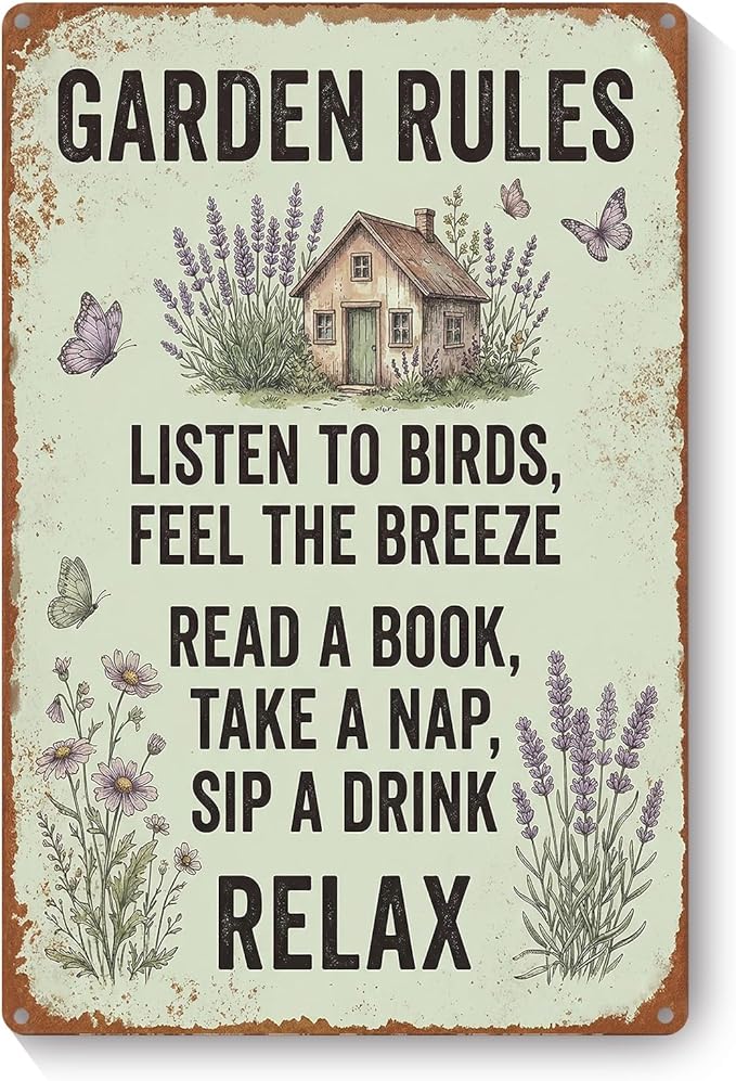 Vintage Metal Garden Sign, Garden Rules Wall Decor for Home Patio Yard, Gardening Gifts for Women, 8 x 12 Inches