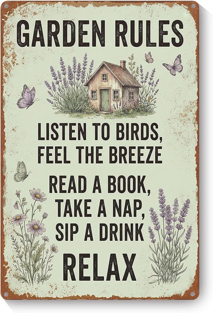 Vintage Metal Garden Sign, Garden Rules Wall Decor for Home Patio Yard, Gardening Gifts for Women, 8 x 12 Inches