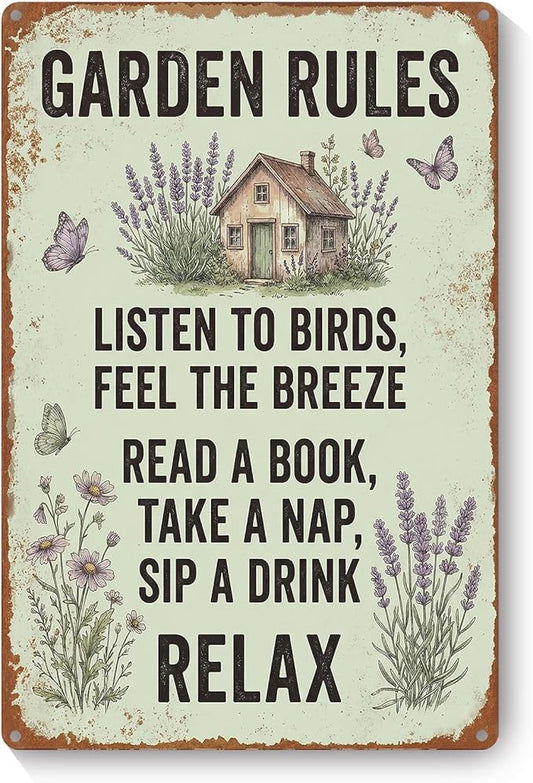 Vintage Metal Garden Sign, Garden Rules Wall Decor for Home Patio Yard, Gardening Gifts for Women, 8 x 12 Inches