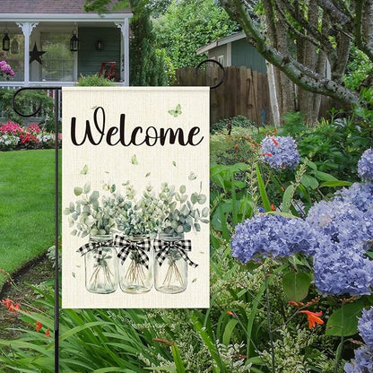 Welcome Garden Flags for Outside,Eucalyptus Mason Jar Spring Yard Flag for Lawn Porch Outdoor Decorations 12x18 Inch Double Sided