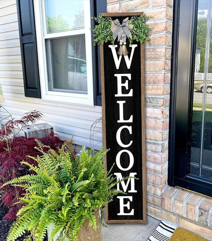 flowtorely Outdoor Welcome Sign for Front Porch Standing 45"×9" Tall Wood Frame Vertical Leaner farmhouse Outside Rustic Large Welcome Sign for Front Door Home Decorations (Wood)
