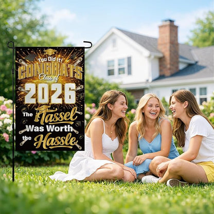 Graduation Decorations 2026 - Class of 2026 Garden Flag | Graduation Decor Party Favors Supplies for Outdoor Indoor Double-Side Backdrop Banner for Garden Porch Patio Lawn Yard Home,12x18Inch (Black)