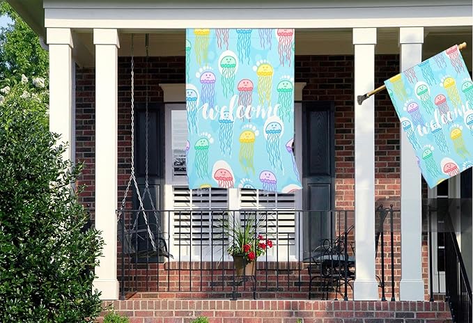 Mugod Jellyfish House Flag 28x40 Inch Double Sided Outside, Welcome Summer Sea Ocean Party Holiday Burlap Yard Garden Outdoor Decoration