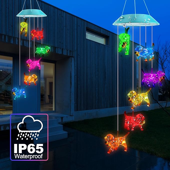 Solar Dog Gift for Mom Girls, Color Changing Solar Wind Chimes for Outside, Outdoor Decorative Mobile Lights for Garden, Yard, Patio, Window, Party Decorations, Gift for Women