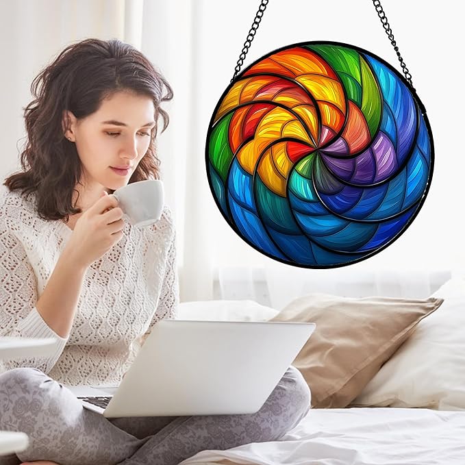 Stained Glass Window Hanging Rainbow Colored Abstract Vortex Large 11.8" - Suncatcher Door Garden Sun Catcher Home Decor Birthday Christmas for Woman Nana Friend Men