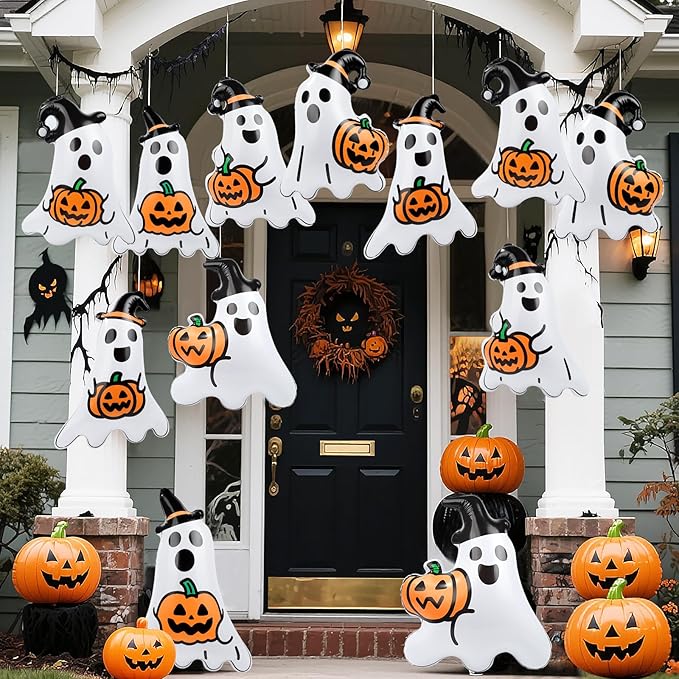 12 Packs 16 Inches Halloween Inflatable Ghost Outdoor Decorations PVC Inflatable Hanging Ghost Ornaments Blow Up Ghost for Halloween Party Yard Garden Outdoor Decoration