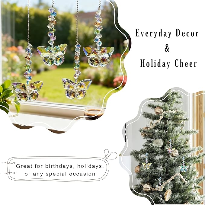 HDCRYSTALGIFTS 4pcs Crystal Butterfly Suncatchers for Window Hanging Rainbow Maker Sun Catchers Indoor Glass Butterfly Decoration for Spring Home Garden Decor, for Mom Women