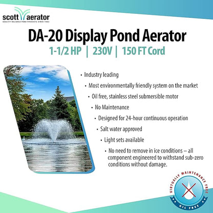 Scott Aerator DA-20 Display Pond Aerator – 1-1/2 Horse Power 230V 150ft Cord | Aerating Pond Fountain | Pond Aerator Pump for Small Ponds | Pond Aeration System | Made in USA