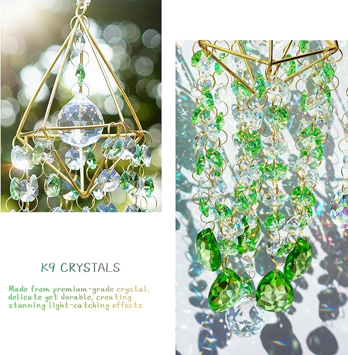 HDCRYSTALGIFTS Crystal Suncatcher Glass Wind Chimes Style Sun Catchers Indoor Window Rainbow Prisms Suncatcher for Window Hanging Home Garden Decor (21.5inch,Green)