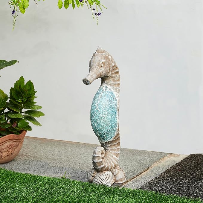 Glitzhome MGO Marine Faux Granite and Mosaic Sea Horse Statue Indoor and Outdoor Decoration, 21 "H