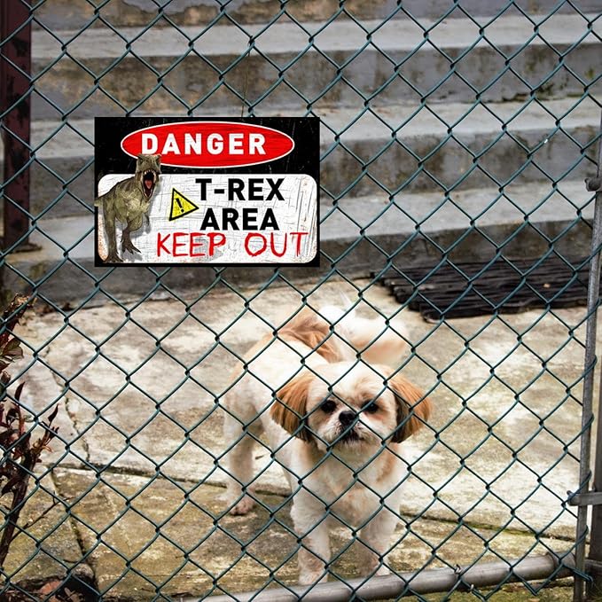 Funny Beware of Dog Sign Private Property No Trespassing Warning Signs, Danger T-Rex Area Keep out, Yard Sign Garage Farm Garden Wall Decor Sign Plaque Outdoor for Home Fence 8 X 12 Inches