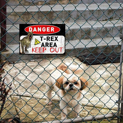 Funny Beware of Dog Sign Private Property No Trespassing Warning Signs, Danger T-Rex Area Keep out, Yard Sign Garage Farm Garden Wall Decor Sign Plaque Outdoor for Home Fence 8 X 12 Inches