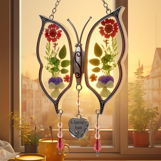 KY&BOSAM Gifts for Aunt Suncatchers for Windows Butterfly Stained Glass A Special Aunt Wind Chime with Pressed Flowers & Heart Charm Gifts for Aunt Mother's Day Wedding Home Decor