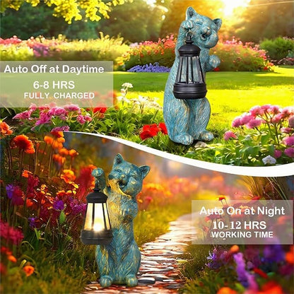 Garden Statue Cat with Solar Lantern Outdoor Decorations Cat Figurine Lights for Outdoor Patio Balcony Yard Porch Lawn for Women Mom Grandma Family Friend