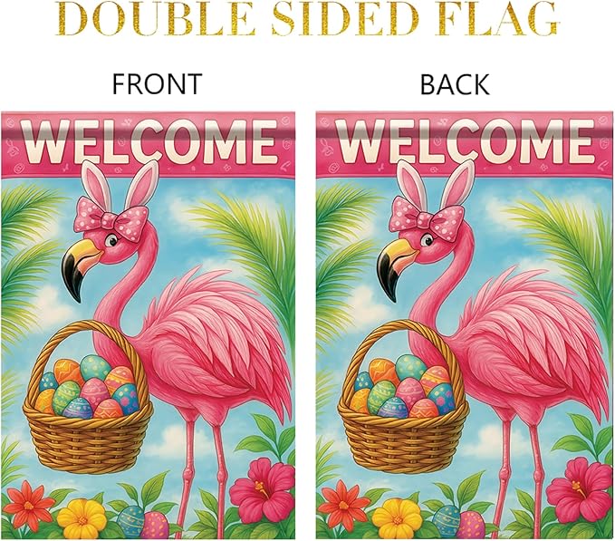 Spring Easter Garden Flag 12x18 Inch Flamingo Bunny Welcome Egg Basket Tropical Floral Design Outdoor Yard Porch Lawn Garden for Seasonal Farmhouse Home Decor