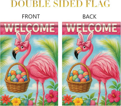 Spring Easter Garden Flag 12x18 Inch Flamingo Bunny Welcome Egg Basket Tropical Floral Design Outdoor Yard Porch Lawn Garden for Seasonal Farmhouse Home Decor