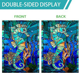 Stained Glass Style Seahorse House Flag 28x40 Inch Double Sided Outside, Coastal Ocean Garden Flag Burlap Yard Flags for Summer Holiday Party Outdoor Decoration