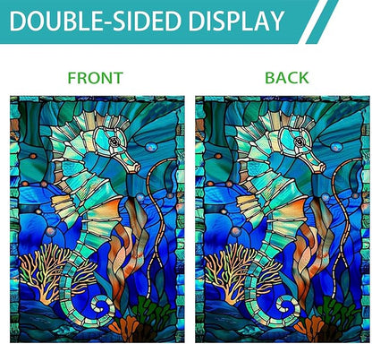 Stained Glass Style Seahorse House Flag 28x40 Inch Double Sided Outside, Coastal Ocean Garden Flag Burlap Yard Flags for Summer Holiday Party Outdoor Decoration