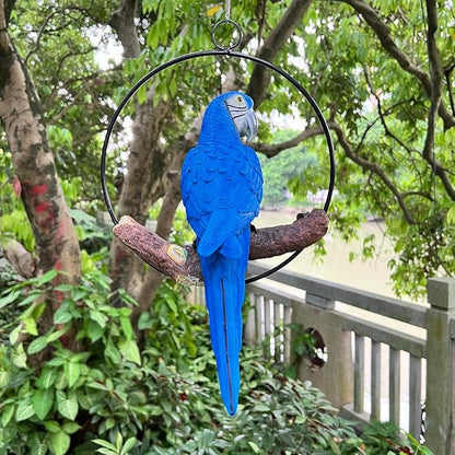 Hanging Scarlet Macaw Parrot Perching on Branch in Metal Round Ring for Home Patio Garden Decor 16" H (Blue and Yellow)