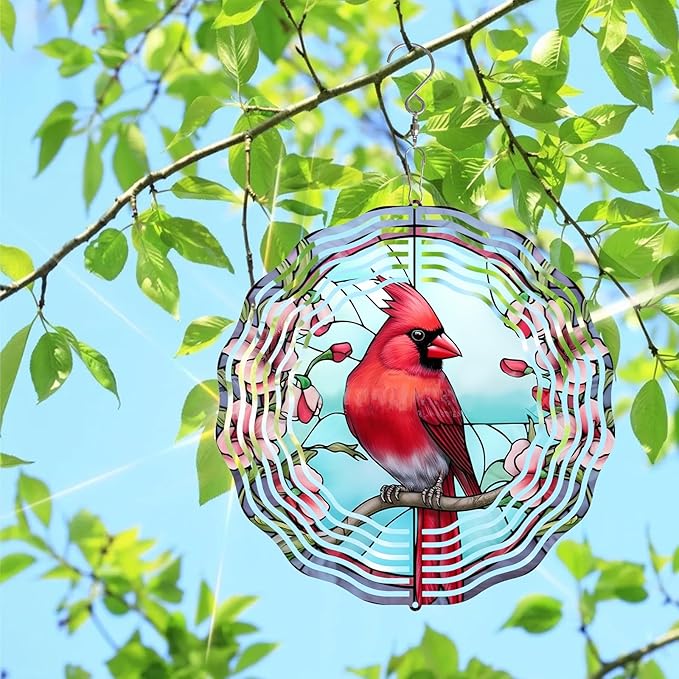 3D Cardinal Wind Spinner 3D Bird Spinners with Flower for Yard and Garden 3D Stainless Steel Cardinal Spinner with Unique Visual Effect Perfect Garden Decoration and Gift 10Inch