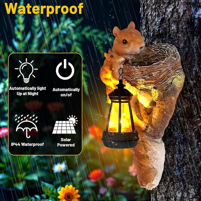 Garden Decor Squirrel Tree Hugger, Outdoor Statue with Solar Powered Lantern for Outside Porch Patio Wall Tree Fence, Housewarming Gifts for Women Mom Garden Lovers