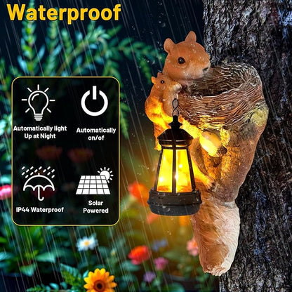 Garden Decor Squirrel Tree Hugger, Outdoor Statue with Solar Powered Lantern for Outside Porch Patio Wall Tree Fence, Housewarming Gifts for Women Mom Garden Lovers