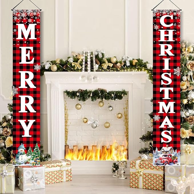 Christmas Decorations Outdoor Yard: Large Red Black Front Porch Sign, Buffalo Plaid Xmas Door Banner, Hanging Merry Christmas Decor for Home School Office Indoor Wall Garage Yard Outside