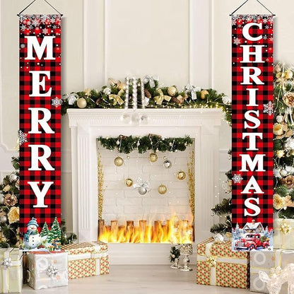 Christmas Decorations Outdoor Yard: Large Red Black Front Porch Sign, Buffalo Plaid Xmas Door Banner, Hanging Merry Christmas Decor for Home School Office Indoor Wall Garage Yard Outside