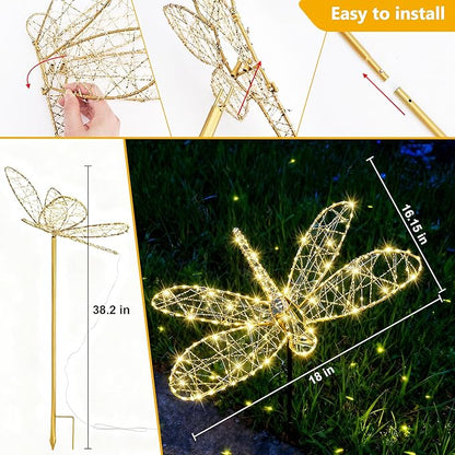 Lomotech Solar Garden Lights - 18" 240 Leds Foldable Outdoor Dragonfly Garden Decor, Waterproof Larger Outdoor Solar Lights with Iron for Garden Patio Yard Lawn Pathway Decorations (Warm White)