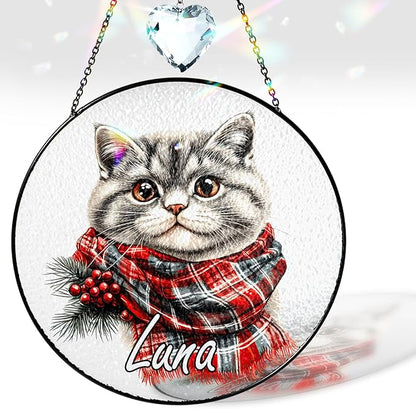 Personalized Pet Portrait Stained Glass Window Hanging, Christmas Dog Santa Hat Suncatcher Photo, Winter Cat Portrait Crystal Decor, Memorial Gift for Dog Lovers, Sympathy Gift for Cat Mom