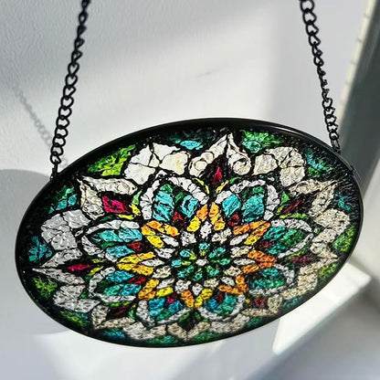 Bohemian Mandala Stained Glass Window Hanging Sun Catcher Indoor Outdoor Home Garden Panel Hangings Gift for Kits Adults (Green)