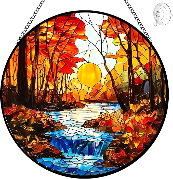 Sunset Suncatcher Stained Glass Window Hanging - Handmade Tree River Sun Catchers Home Outdoor Garden Decor - Sucnatchers for Windows Hanging Ornaments - Mother's Day Birthday Gifts for Mom Grandma