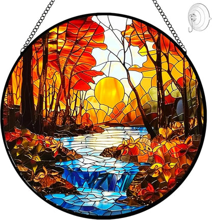 Sunset Suncatcher Stained Glass Window Hanging - Handmade Tree River Sun Catchers Home Outdoor Garden Decor - Sucnatchers for Windows Hanging Ornaments - Mother's Day Birthday Gifts for Mom Grandma
