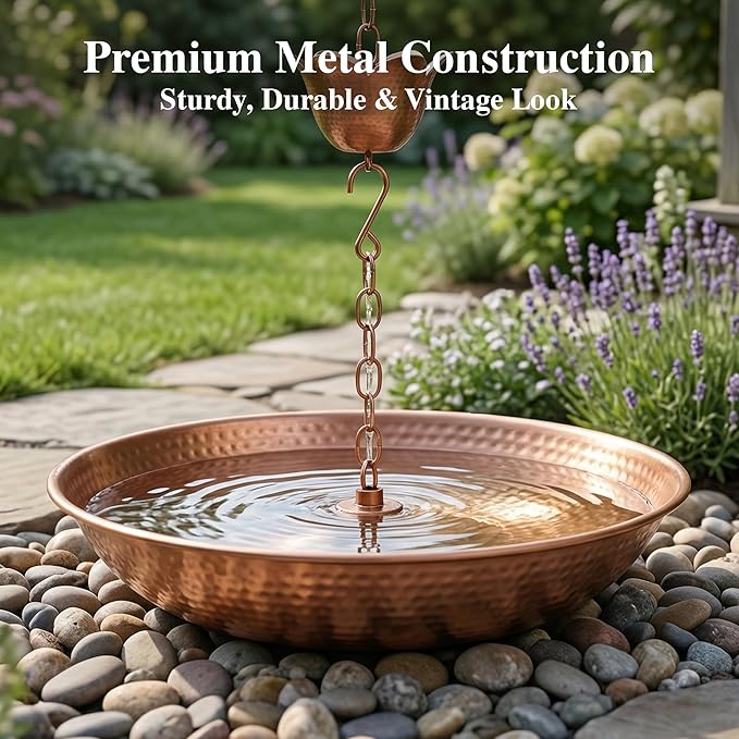 Rain Chain Basin, Anchoring Basin for Rain Chain, Metal Bowl for Rain Chain Downspout Gutters, Rain Basin for Outdoor Garden, Lawn & Patio Water Feature, 11 Inches Diameter, Gold