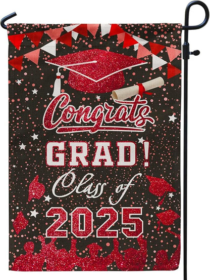Graduation Garden Flag Class of 2025, Red Congrats Grade Flag for Outside Party Hanging Decorations 12x18 Inch Burlap