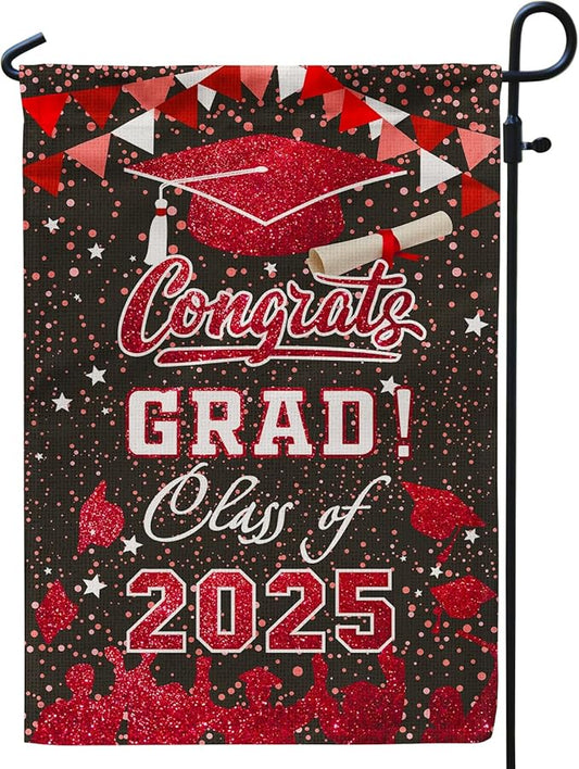 Graduation Garden Flag Class of 2025, Red Congrats Grade Flag for Outside Party Hanging Decorations 12x18 Inch Burlap