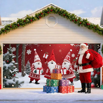 IVN Christmas Garage Door Cover Decoration 13x6ft Three Santas Gnome Red Gift Tree Snowy Trees Merry Christmas Garage Door Banner Home Door Front Yard Decor for Xmas Eve Holiday Outdoor