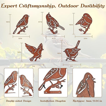 5PCS Rusty Birds Decoration, Outdoor Birds Wall Decor, Backyard Garden Decor for Outside, Rustic Yard Fence Decorations - Metal Yard Art, Birds Craft Sculptures and Statues Ornaments, Robins