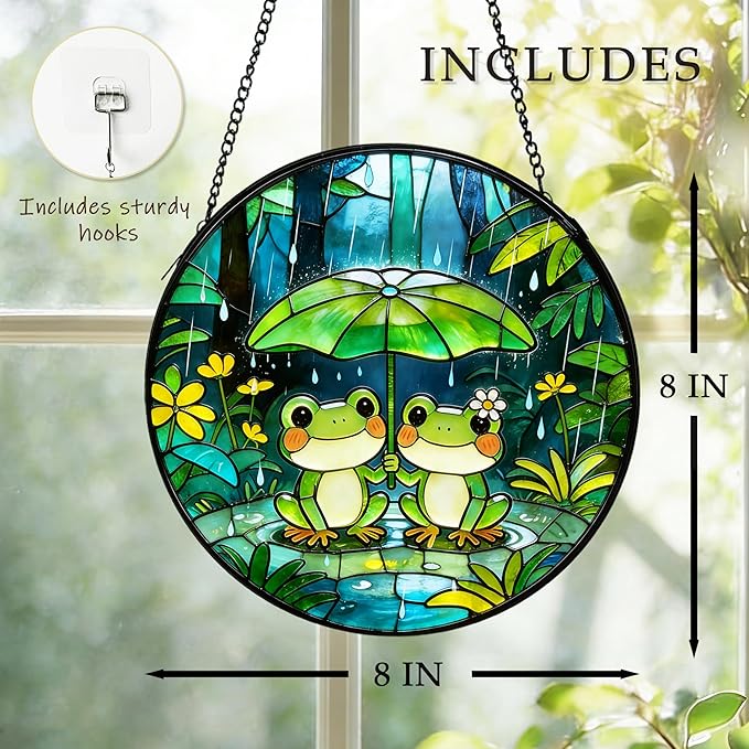 Frog Suncatcher, Stained Glass Frog Suncatcher Ornament, Frog Lovers Gift Ideas (Green)