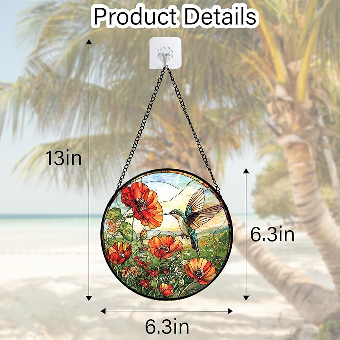 DASTOLL Stained Glass Window Hanging, Hummingbirds Orange Flowers Suncatcher Diamond Glass Panel Hangings Sun Catchers Decor for Birthday for Women, Men, Wife, Aunt, and Mom 11.8 in