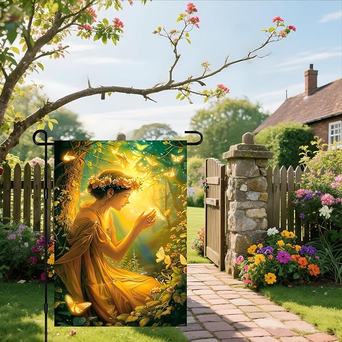 IVN Enchanted Fairy Garden Flag 12x18 Spring Outdoor Yard Flag with Flower Crown Fairy & Glowing Butterflies Double Sided Seasonal Lawn Decor for Garden Porch or Patio