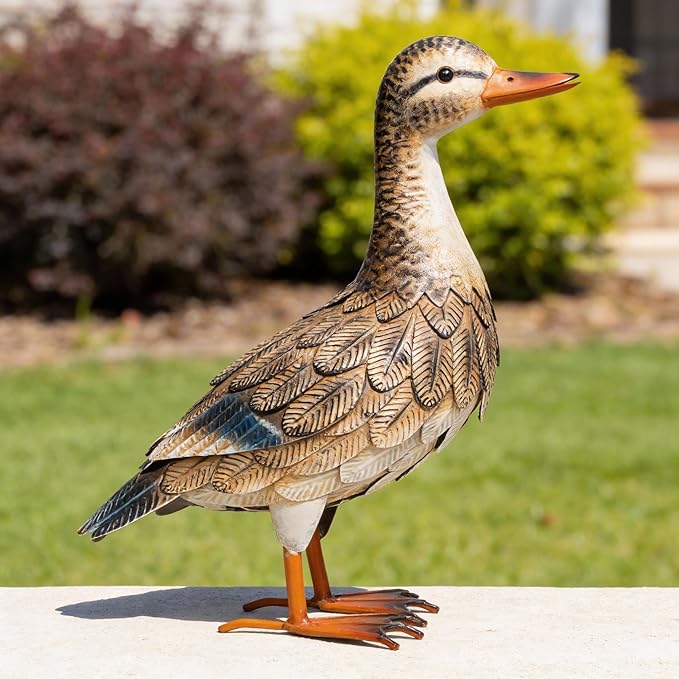 Shorayn Metal Duck Garden Statue, Life-Size Iron Hen Mallard, Handmade Gray Duck Yard Decor, Indoor Outdoor Ornament, Gift for Housewarming/Mother’s Day/Christmas