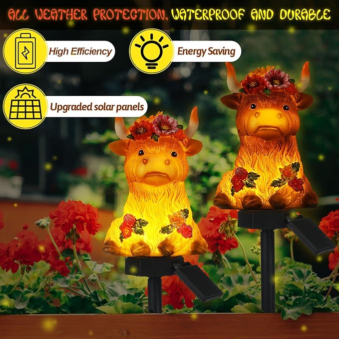 Rossesay 2 Pack Highland Cow Solar Lights Outdoor Garden Gnome Statues Resin Lamp Decor Waterproof Stake Lights Highland Cow Gifts for Yard Patio Lawn Decor