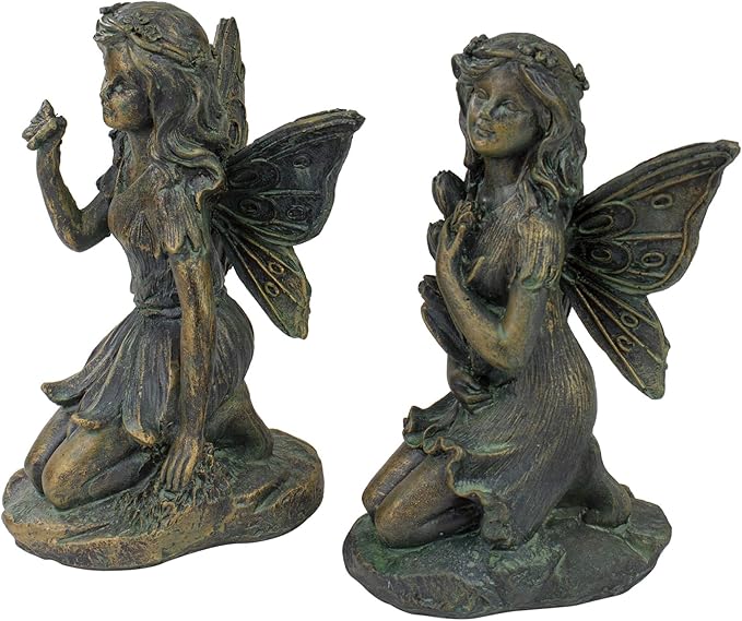 Northlight Set of 2 Bronze Kneeling Fairies with Flowers and a Butterfly Outdoor Garden Statues - 7"