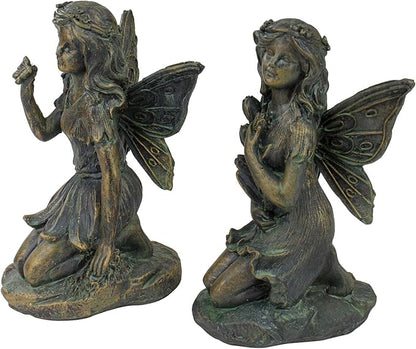 Northlight Set of 2 Bronze Kneeling Fairies with Flowers and a Butterfly Outdoor Garden Statues - 7"