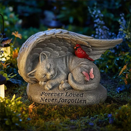 Cat Memorial Stones with Angel Wing Kitten Sculpture Sleeping 6 Inch, Pet Grave Markers Resin Pet Loss Sympathy Gift Cat for Outdoor Garden Gravesite Funeral