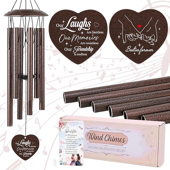 Friendship Gifts for Women - Metal Bestie Wind Chimes with Greeting Card Indoor Outdoor Patio Garden Porch Home Hanging Art Decor Graduation Birthday Thank Sisterhood Gift for Best Friends