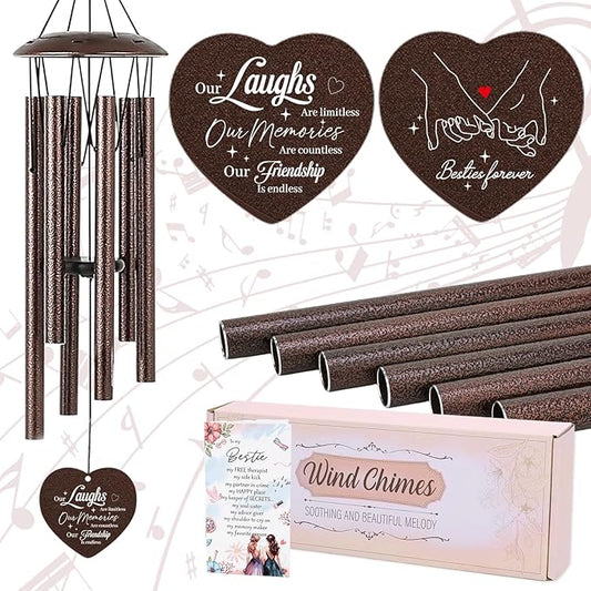 Friendship Gifts for Women - Metal Bestie Wind Chimes with Greeting Card Indoor Outdoor Patio Garden Porch Home Hanging Art Decor Graduation Birthday Thank Sisterhood Gift for Best Friends