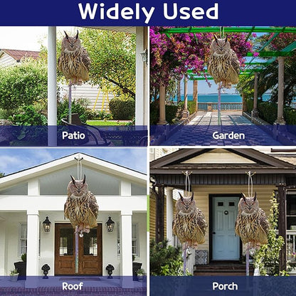 2PCS Fake Owl Hanging Plastic Owl to Scare Squirrel for Outdoor Flat Paper Garden Owl with Scare Tape to Keep Pigeon Woodpecker Away from House Patio Yard Outdoor Front Porch Backyard Windows